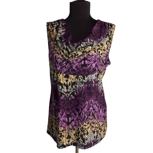 Dressbarn Size L Tank Top Sleeveless Cowl Neck Purple Gold Black Print Stretch - Picture 1 of 11